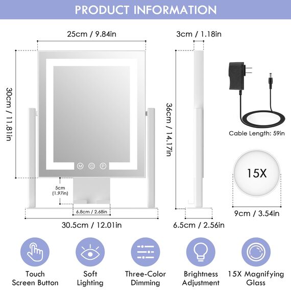LuxeVue Wickelspiegel mit LED-Lichtern mit 15-facher Vergrößerung mit 3-farbigen Beleuchtungsmodi und intelligenter Berührung, Telefonhalterung, 360-Grad-Drehung (weiß)