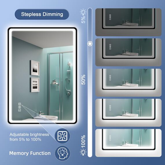 STARLEAD 70x100cm Schwarz LED-Badspiegel-mit-Beleuchtung und Bluetooth, Entfoggen, Dimmbar, 3 Lichtfarben, HD Gehärtetes Glas, IP44 Wasserdicht, Horizontal/Vertikal
