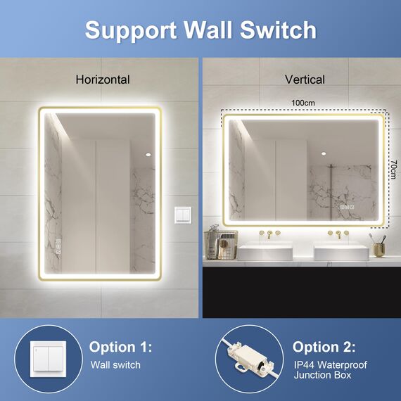 STARLEAD 100x70cm Golden LED-Badspiegel-mit-Beleuchtung und Bluetooth, Entfoggen, Dimmbar, 3 Lichtfarben, HD Gehärtetes Glas, IP44 Wasserdicht, Horizontal/Vertikal