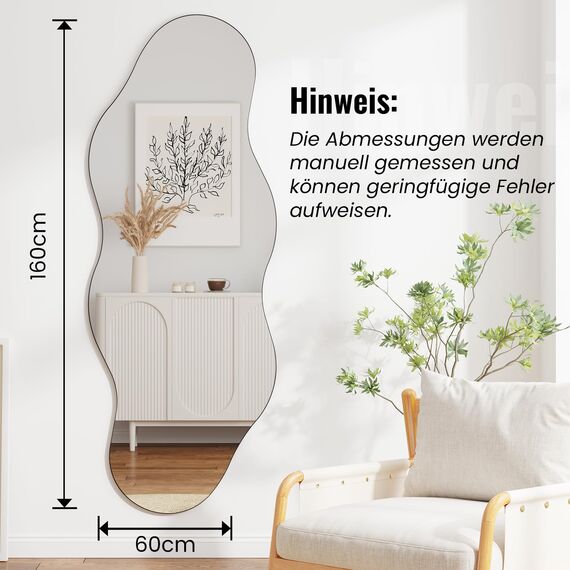 Muzilife Asymetrischer Spiegel Ganzkörperspiegel 160x60cm, Unregelmäßiger Großer Wandspiegel mit MDF-Rückwand, Dekorativer Spiegel für Wand Wohnzimmer Bad Flur Eingang, Deko (Wolkenform)