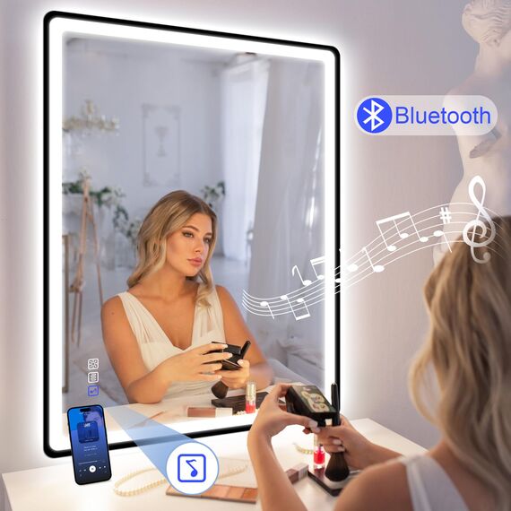 STARLEAD 80x60cm Schwarz LED-Badezimmerspiegel-mit-Beleuchtung und Bluetooth, Entfoggen, Dimmbar, 3 Lichtfarben, HD Gehärtetes Glas, IP44 Wasserdicht, Horizontal/Vertikal