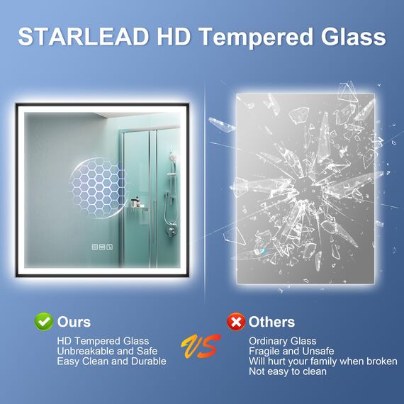 STARLEAD Badspiegel-mit-Beleuchtung 80x80 cm, LED-Spiegel-Bad-mit Bluetooth, Entfoggen, IP44 Badezimmer-Spiegel-mit-Licht 3 Farblichter, Dimmbar, Speicherfunktion, HD Hartglas, Schwarz