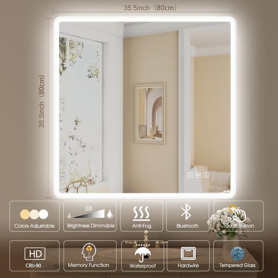 STARLEAD Badspiegel-mit-Beleuchtung 80x80 cm, LED-Bad-Spiegel-mit Bluetooth, Entfoggen, IP44 Badezimmer-Spiegel-mit-Licht 3 Farblichter, Dimmbar, Speicherfunktion, HD Hartglas CRI>90