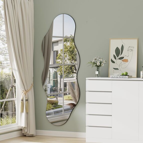 Muzilife Asymetrischer Spiegel Ganzkörperspiegel 160x60cm, Unregelmäßiger Großer Wandspiegel mit MDF-Rückwand, Dekorativer Spiegel für Wand Wohnzimmer Bad Flur Eingang, Deko (Wolkenform)