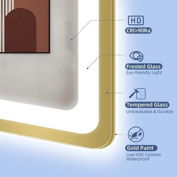 STARLEAD 80x60cm Golden LED-Badspiegel-mit-Beleuchtung und Bluetooth, Entfoggen, Dimmbar, 3 Lichtfarben, HD Gehärtetes Glas, IP44 Wasserdicht, Horizontal/Vertikal