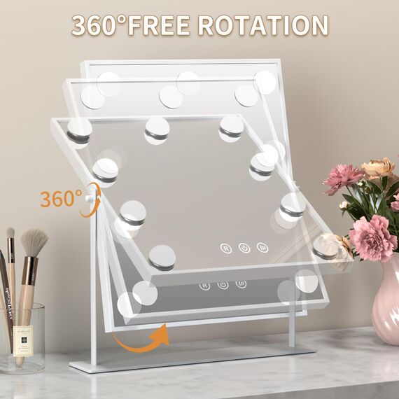 FUNTOUCH Hollywood Kosmetikspiegel mit Beleuchtung Groß, Schminkspiegel mit 9 LED Licht, 3 Farbtemperatur Verstellbares , 360° Drehung, Touch Steuerung, Plug-in, Kosmetischer Tischspiegel (weiß)