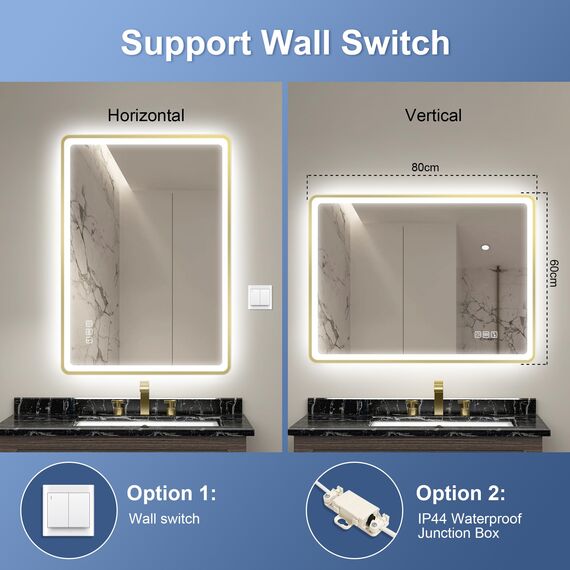 STARLEAD 80x60cm Golden LED-Badspiegel-mit-Beleuchtung und Bluetooth, Entfoggen, Dimmbar, 3 Lichtfarben, HD Gehärtetes Glas, IP44 Wasserdicht, Horizontal/Vertikal