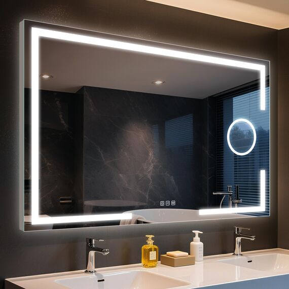 STARLEAD Badspiegel-mit-Beleuchtung 100x70cm, Badezimmerspiegel mit 5X Vergrößerungsspiegel-mit-Licht, 3 Lichtfarben, Einstellbare Helligkeit, Entfoggen, IP44 LED-Spiegel-Bad, HD Hartglas