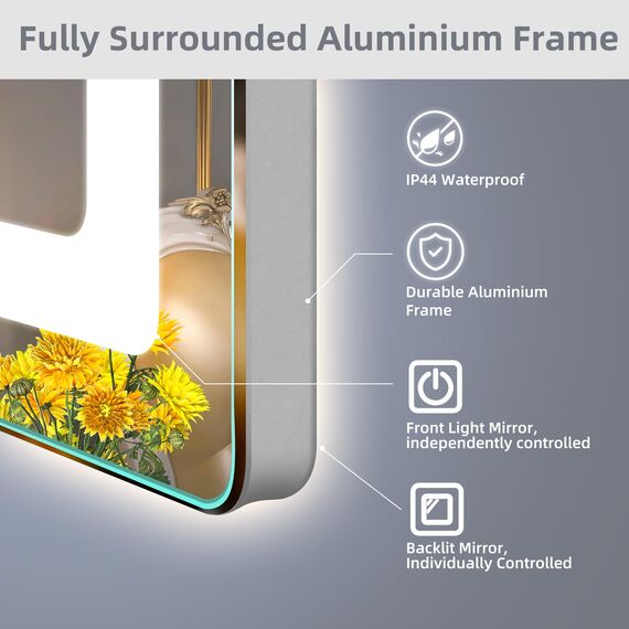 STARLEAD Badspiegel-mit-Beleuchtung 80x60cm Zwei Lichtleisten, Hintergrundbeleuchtung + Frontbeleuchtung, Entfoggen, Dimmbar, 3 Lichtfarben, IP44 Spiegel-Bad, Horizontal/Vertikal, Aluminiumrahmen