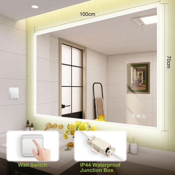 STARLEAD Bad-Spiegel-mit-Beleuchtung 100x70 cm, Spiegel-Bad-mit-Beleuchtung und Bluetooth, Entfoggen, Led-Spiegel-Bad mit 3 Lichtfarben, Dimmbar, Speicherfunktion, Horizontal/Vertikal, HD Hartglas