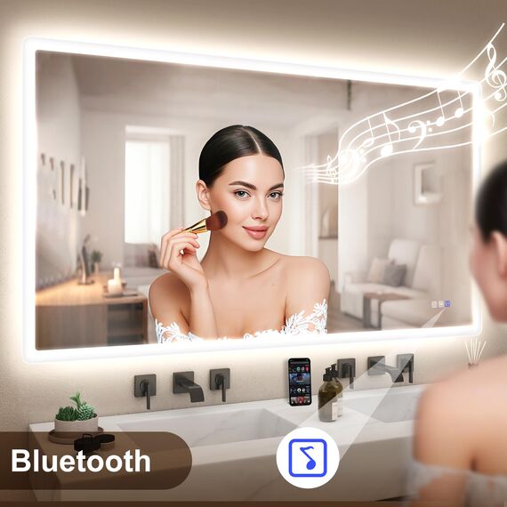 STARLEAD Badspiegel-mit-Beleuchtung 140x80cm, Badezimmerspiegel mit Entfoggen, Bluetooth, Dimmbar, 3 Lichtfarben, Speicherfunktion, IP44 Hartglas Großer Spiegel-Bad, Horizontal/Vertikal