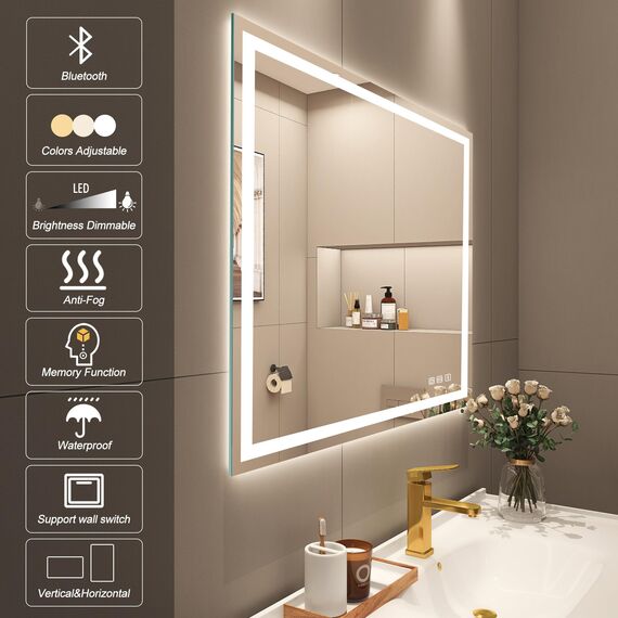 STARLEAD Bad-Spiegel-mit-Beleuchtung 60x80cm, Badezimmerspiegel-mit-licht und Entfoggen, Bluetooth, Dimmbar, 3 Farbtemperaturen, Speicherfunktion, IP44 Hartglas Spiegel-Bad, Horizontal/Vertikal