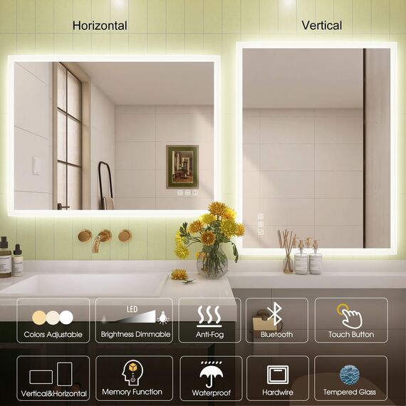 STARLEAD Bad-Spiegel-mit-Beleuchtung 100x70 cm, Spiegel-Bad-mit-Beleuchtung und Bluetooth, Entfoggen, Led-Spiegel-Bad mit 3 Lichtfarben, Dimmbar, Speicherfunktion, Horizontal/Vertikal, HD Hartglas