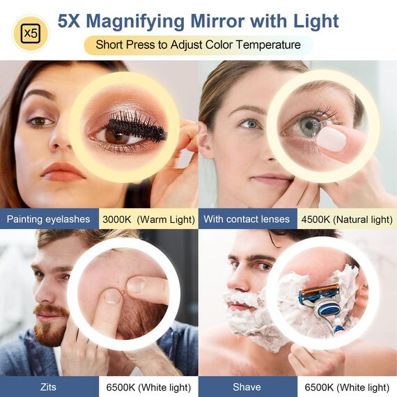 STARLEAD Badspiegel-mit-Beleuchtung 100x70cm, Badezimmerspiegel mit 5X Vergrößerungsspiegel-mit-Licht, 3 Lichtfarben, Einstellbare Helligkeit, Entfoggen, IP44 LED-Spiegel-Bad, HD Hartglas