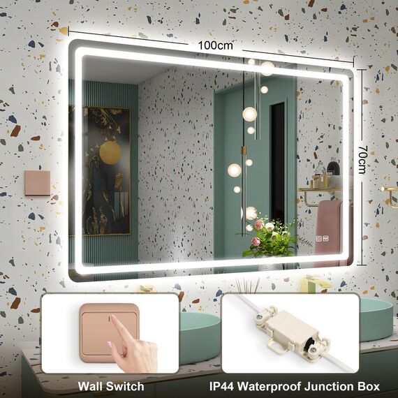 STARLEAD Badspiegel-mit-Beleuchtung 100x70cm, Spiegel-mit-Beleuchtung und Entfoggen, Dimmbar, 3 Farbtemperaturen 3000K-6500K, Speicherfunktion, IP44 LED-Badspiegel, Horizontal/Vertikal