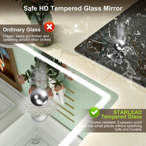 STARLEAD Badspiegel-mit-Beleuchtung 100x70cm, Spiegel-mit-Beleuchtung und Entfoggen, Dimmbar, 3 Farbtemperaturen 3000K-6500K, Speicherfunktion, IP44 LED-Badspiegel, Horizontal/Vertikal