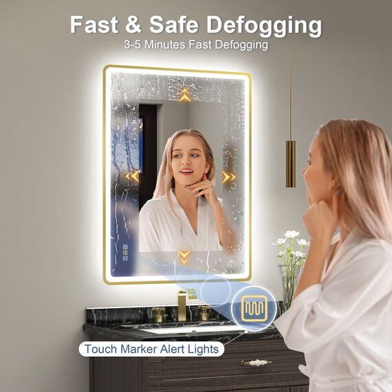 STARLEAD 80x60cm Golden LED-Badspiegel-mit-Beleuchtung und Bluetooth, Entfoggen, Dimmbar, 3 Lichtfarben, HD Gehärtetes Glas, IP44 Wasserdicht, Horizontal/Vertikal