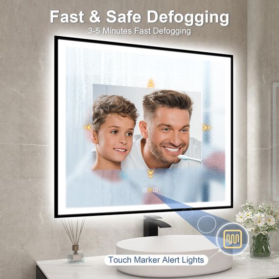 STARLEAD Badspiegel-mit-Beleuchtung 80x80 cm, LED-Spiegel-Bad-mit Bluetooth, Entfoggen, IP44 Badezimmer-Spiegel-mit-Licht 3 Farblichter, Dimmbar, Speicherfunktion, HD Hartglas, Schwarz