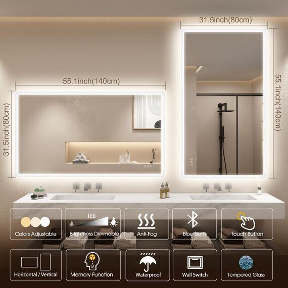 STARLEAD Badspiegel-mit-Beleuchtung 140x80cm, Badezimmerspiegel mit Entfoggen, Bluetooth, Dimmbar, 3 Lichtfarben, Speicherfunktion, IP44 Hartglas Großer Spiegel-Bad, Horizontal/Vertikal