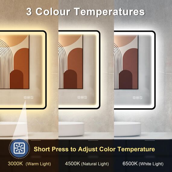 STARLEAD 80x60cm Schwarz LED-Badezimmerspiegel-mit-Beleuchtung und Bluetooth, Entfoggen, Dimmbar, 3 Lichtfarben, HD Gehärtetes Glas, IP44 Wasserdicht, Horizontal/Vertikal