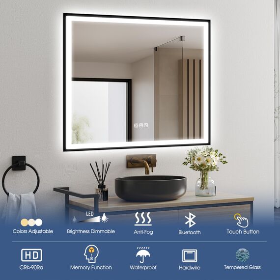 STARLEAD Badspiegel-mit-Beleuchtung 80x80 cm, LED-Spiegel-Bad-mit Bluetooth, Entfoggen, IP44 Badezimmer-Spiegel-mit-Licht 3 Farblichter, Dimmbar, Speicherfunktion, HD Hartglas, Schwarz