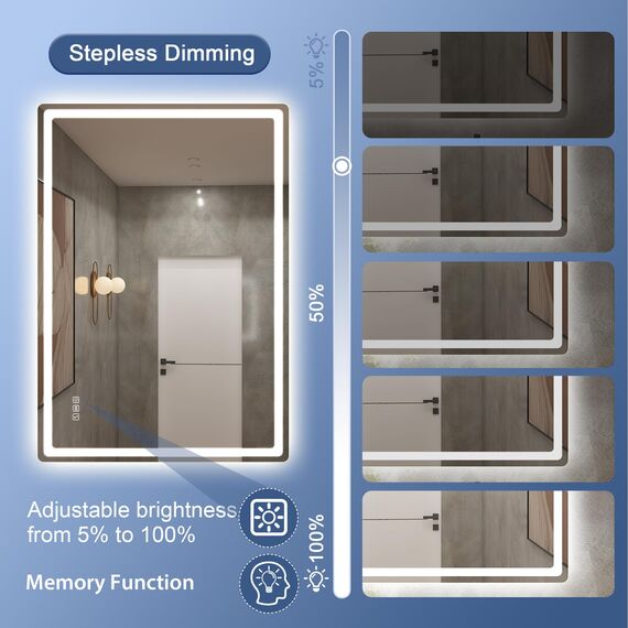 STARLEAD Bad-Spiegel-mit-Beleuchtung 100x70cm, Badezimmerspiegel-mit-licht und Entfoggen, Bluetooth, Dimmbar, 3 Farbtemperaturen, Speicherfunktion, IP44 Hartglas Spiegel-Bad, Horizontal/Vertikal