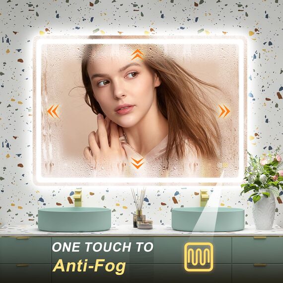 STARLEAD Badspiegel-mit-Beleuchtung 100x70cm, Spiegel-mit-Beleuchtung und Entfoggen, Dimmbar, 3 Farbtemperaturen 3000K-6500K, Speicherfunktion, IP44 LED-Badspiegel, Horizontal/Vertikal