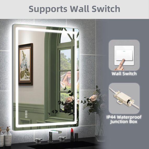 STARLEAD Badspiegel-mit-Beleuchtung 80x60cm Zwei Lichtleisten, Hintergrundbeleuchtung + Frontbeleuchtung, Entfoggen, Dimmbar, 3 Lichtfarben, IP44 Spiegel-Bad, Horizontal/Vertikal, Aluminiumrahmen