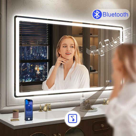 STARLEAD Badezimmerspiegel-mit-Beleuchtung 140x80cm, Großer LED-Spiegel-Bad mit Entfoggen, Bluetooth, Dimmbar, 3 Farbtemperaturen, Speicherfunktion, IP44 Hartglas Badspiegel, Horizontal/Vertikal
