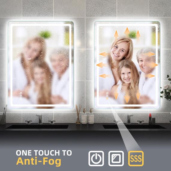 STARLEAD Badspiegel-mit-Beleuchtung 80x60cm Zwei Lichtleisten, Hintergrundbeleuchtung + Frontbeleuchtung, Entfoggen, Dimmbar, 3 Lichtfarben, IP44 Spiegel-Bad, Horizontal/Vertikal, Aluminiumrahmen