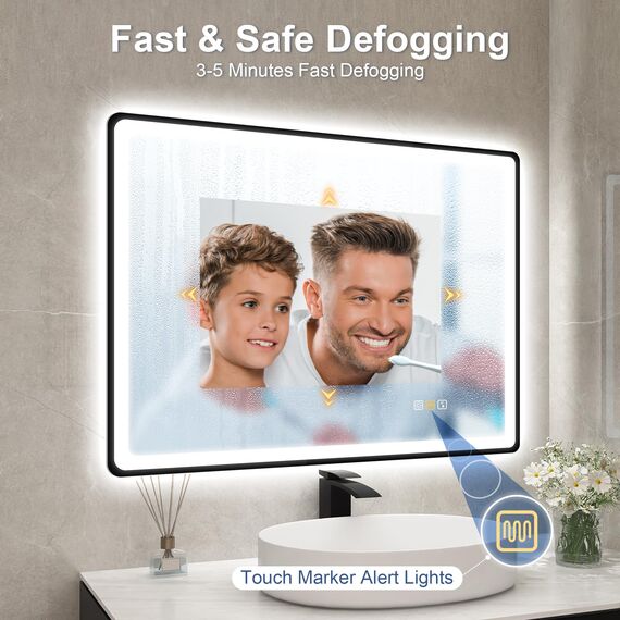 STARLEAD 80x60cm Schwarz LED-Badezimmerspiegel-mit-Beleuchtung und Bluetooth, Entfoggen, Dimmbar, 3 Lichtfarben, HD Gehärtetes Glas, IP44 Wasserdicht, Horizontal/Vertikal