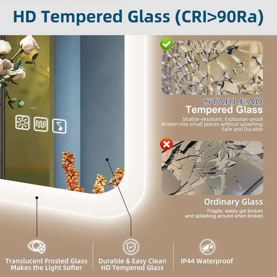 STARLEAD LED-Badspiegel-mit-Bluetooth und 5X Lupe, 70x100cm Spiegel-Bad-mit-Beleuchtung, Entfoggen, Dimmbar, 3 Farbtemperaturen, Speicherfunktion, IP44, Hartglas