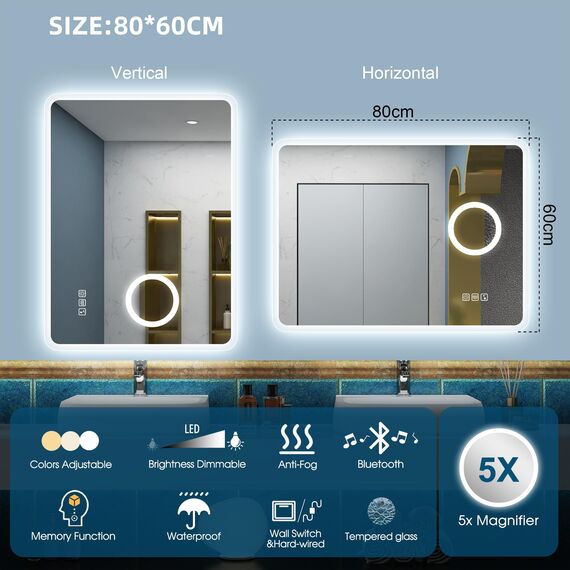 STARLEAD LED-Badspiegel-mit-Bluetooth und 5X Lupe, 60x80cm Spiegel-Bad-mit-Beleuchtung, Entfoggen, Dimmbar, 3 Farbtemperaturen, Speicherfunktion, IP44, Hartglas