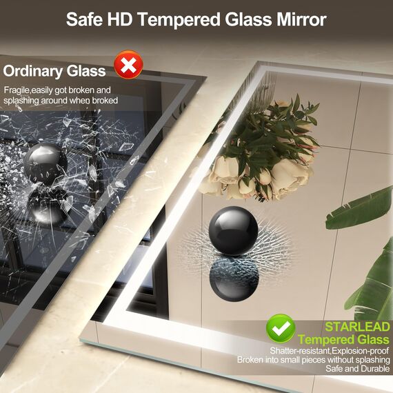 STARLEAD Bad-Spiegel-mit-Beleuchtung 60x80cm, Badezimmerspiegel-mit-licht und Entfoggen, Bluetooth, Dimmbar, 3 Farbtemperaturen, Speicherfunktion, IP44 Hartglas Spiegel-Bad, Horizontal/Vertikal