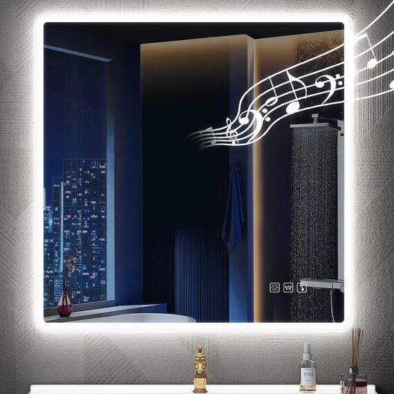 STARLEAD Badspiegel-mit-Beleuchtung 80x80 cm, LED-Bad-Spiegel-mit Bluetooth, Entfoggen, IP44 Badezimmer-Spiegel-mit-Licht 3 Farblichter, Dimmbar, Speicherfunktion, HD Hartglas CRI>90