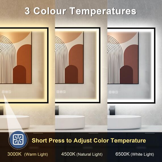 STARLEAD Badspiegel-mit-Beleuchtung 80x80 cm, LED-Spiegel-Bad-mit Bluetooth, Entfoggen, IP44 Badezimmer-Spiegel-mit-Licht 3 Farblichter, Dimmbar, Speicherfunktion, HD Hartglas, Schwarz