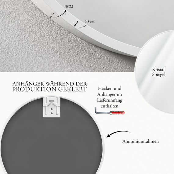 GOLD&CHROME UNIQUE DESIGN Dekorative Wandspiegel Rund ⌀100 cm Aluminiumrahmen - Spiegel Rund Weiß mit Teflon beschichtet Spiegeloberfläche - Spiegel Wand Pulverbeschichteter Spiegelrahmen 0,9 cm