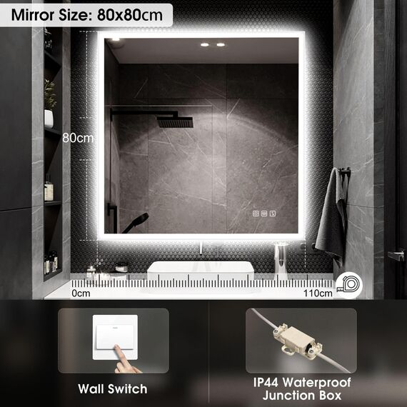 STARLEAD Badspiegel-mit-Beleuchtung 80x80 cm, LED-Spiegel-Bad-mit Bluetooth, Entfoggen, IP44 Badezimmer-Spiegel-mit-Licht 3 Farbtemperaturen, Dimmbar, Speicherfunktion, HD Hartglas