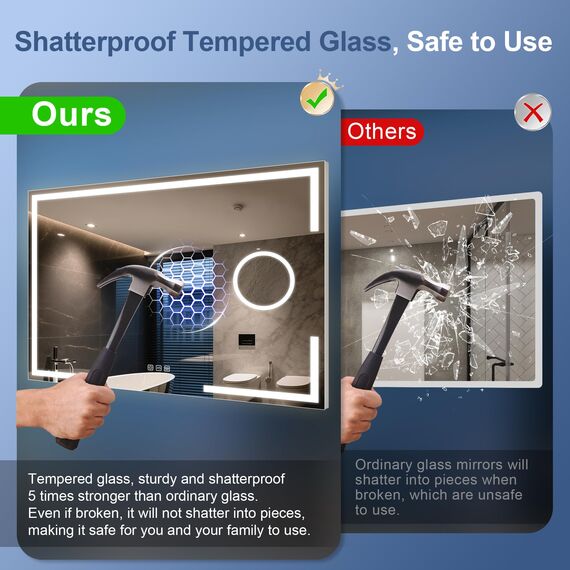STARLEAD Badspiegel-mit-Beleuchtung 100x70cm, Badezimmerspiegel mit 5X Vergrößerungsspiegel-mit-Licht, 3 Lichtfarben, Einstellbare Helligkeit, Entfoggen, IP44 LED-Spiegel-Bad, HD Hartglas