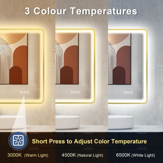 STARLEAD 100x70cm Golden LED-Badspiegel-mit-Beleuchtung und Bluetooth, Entfoggen, Dimmbar, 3 Lichtfarben, HD Gehärtetes Glas, IP44 Wasserdicht, Horizontal/Vertikal