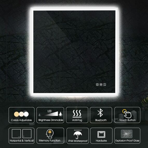 STARLEAD Badspiegel-mit-Beleuchtung 80x80 cm, LED-Spiegel-Bad-mit Bluetooth, Entfoggen, IP44 Badezimmer-Spiegel-mit-Licht 3 Farbtemperaturen, Dimmbar, Speicherfunktion, HD Hartglas