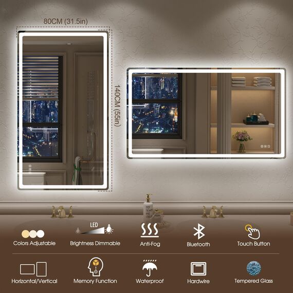 STARLEAD Badezimmerspiegel-mit-Beleuchtung 140x80cm, Großer LED-Spiegel-Bad mit Entfoggen, Bluetooth, Dimmbar, 3 Farbtemperaturen, Speicherfunktion, IP44 Hartglas Badspiegel, Horizontal/Vertikal