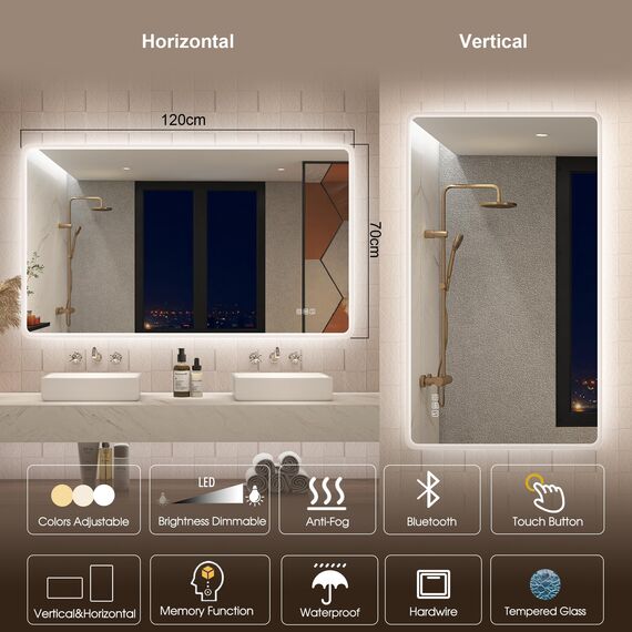 STARLEAD Badspiegel-mit-Beleuchtung 120x70cm, Badezimmerspiegel mit Entfoggen, Bluetooth, Dimmbar, 3 Lichtfarben, Speicherfunktion, IP44 Hartglas Großer Spiegel-Bad, Horizontal/Vertikal