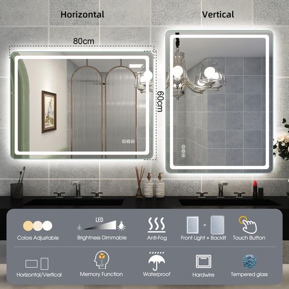 STARLEAD Badspiegel-mit-Beleuchtung 80x60cm Zwei Lichtleisten, Hintergrundbeleuchtung + Frontbeleuchtung, Entfoggen, Dimmbar, 3 Lichtfarben, IP44 Spiegel-Bad, Horizontal/Vertikal, Aluminiumrahmen