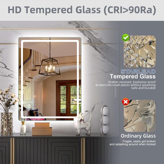 STARLEAD Badspiegel-mit-Beleuchtung 80x60cm Zwei Lichtleisten, Hintergrundbeleuchtung + Frontbeleuchtung, Entfoggen, Dimmbar, 3 Lichtfarben, IP44 Spiegel-Bad, Horizontal/Vertikal, Aluminiumrahmen