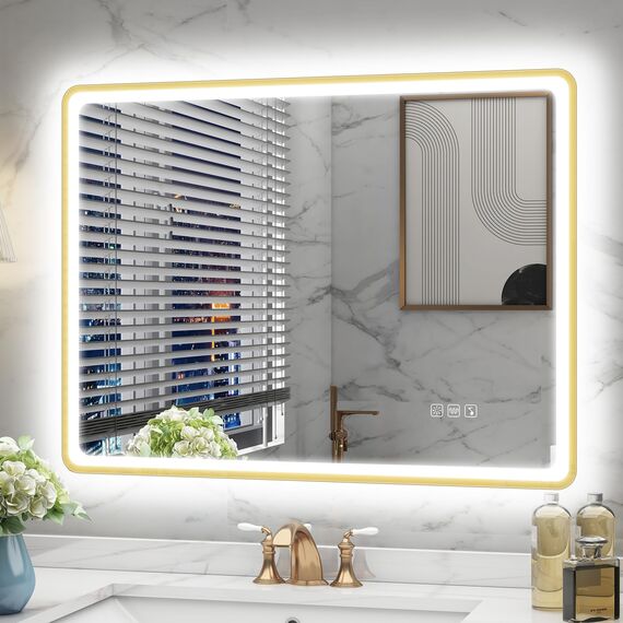 STARLEAD 80x60cm Golden LED-Badspiegel-mit-Beleuchtung und Bluetooth, Entfoggen, Dimmbar, 3 Lichtfarben, HD Gehärtetes Glas, IP44 Wasserdicht, Horizontal/Vertikal