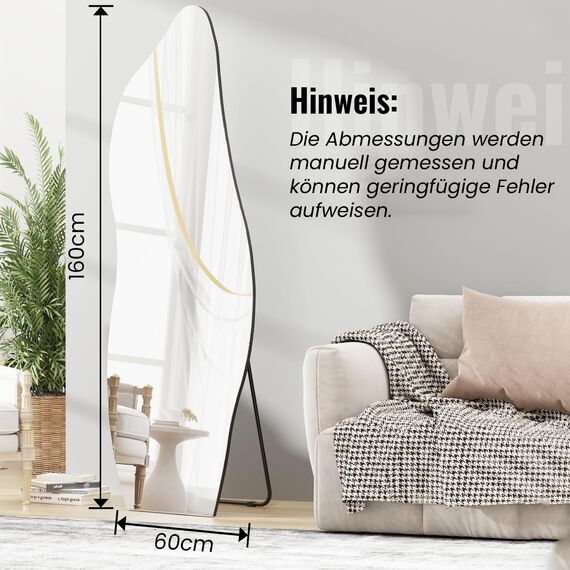 Muzilife 160x60cm Asymmetrischer Standspiegel Ganzkörperspiegel, Rahmenloser Spiegel Unregelmäßiger Großer Wandspiegel mit MDF-Rückwand, Deko für Wohnzimmer Flur Eingang Wand