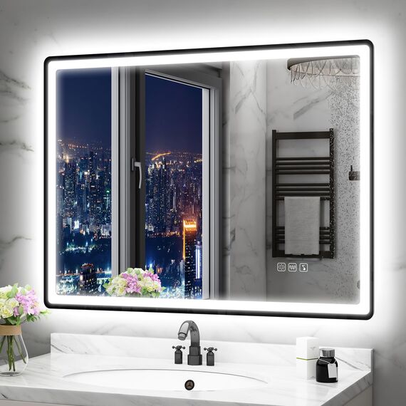 STARLEAD 80x60cm Schwarz LED-Badezimmerspiegel-mit-Beleuchtung und Bluetooth, Entfoggen, Dimmbar, 3 Lichtfarben, HD Gehärtetes Glas, IP44 Wasserdicht, Horizontal/Vertikal