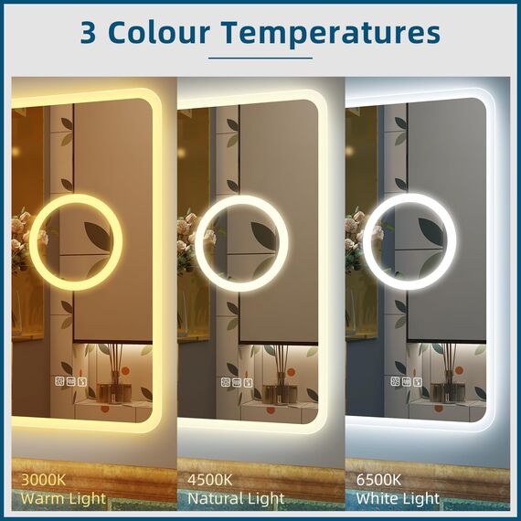 STARLEAD LED-Badspiegel-mit-Bluetooth und 5X Lupe, 70x100cm Spiegel-Bad-mit-Beleuchtung, Entfoggen, Dimmbar, 3 Farbtemperaturen, Speicherfunktion, IP44, Hartglas