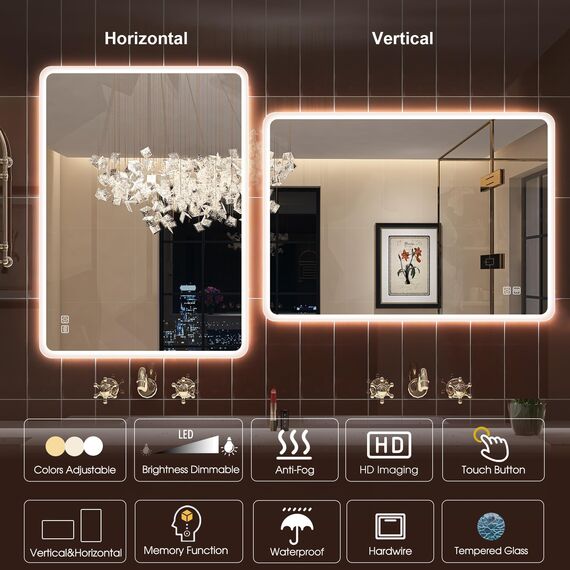 STARLEAD Badspiegel-mit-Beleuchtung 80x60cm, Dimmbar, 3 Farbtemperaturen 3000K-6500K, Badezimmerspiegel mit Entfoggen, Speicherfunktion, IP44 LED-Spiegel-Bad, HD Hartglas, Horizontal/Vertikal